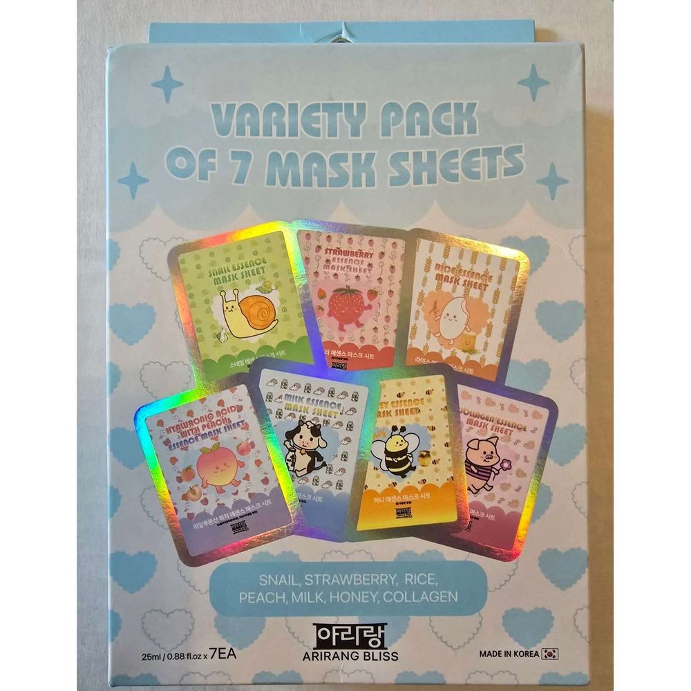 Arirang Bliss Variety Pack 7 Mask Sheets K-Beauty Snail Collagen Honey Rice